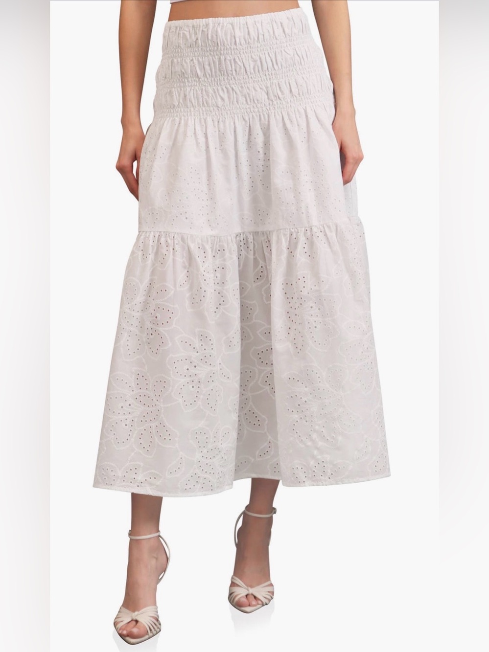 Avec Les Filles White Eyelet Tiered Maxi Skirt